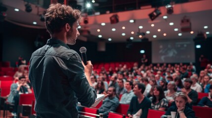 man giving a speech in a packed auditorium