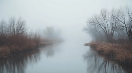 Fototapeta premium A serene river scene shrouded in fog, showcasing bare trees and tranquil waters.