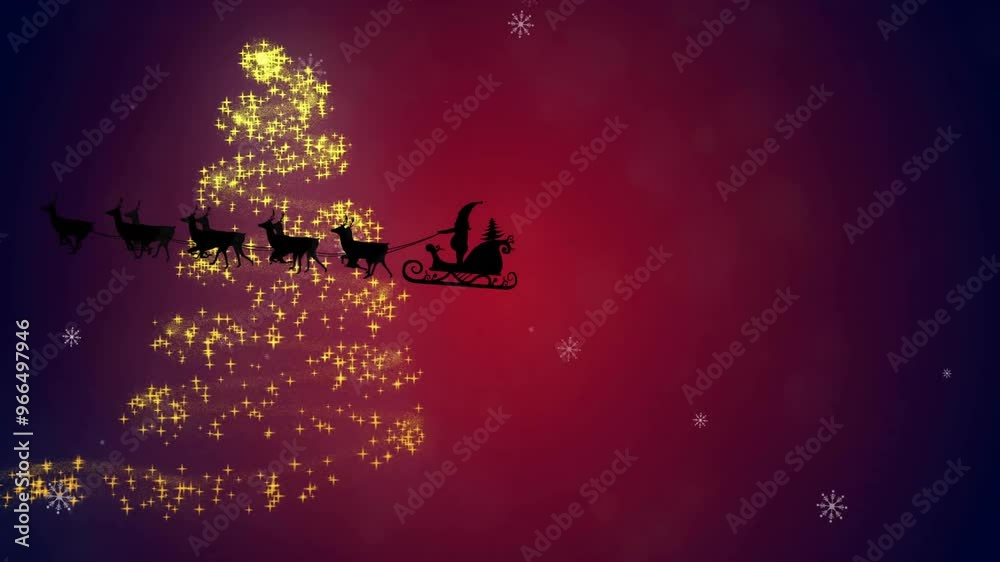 Poster Animation of santa in sleigh and snow falling over christmas tree