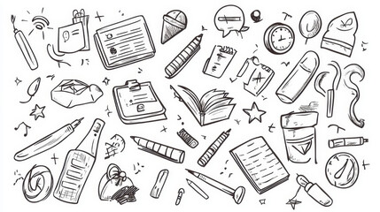 "Back to school doodle hand-drawn elements in a vector set. Features school supplies and creative items, isolated on a white checkered background resembling a school notebook.