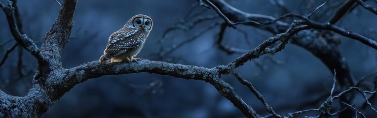 A solitary owl perched on a branch in a dark, serene forest setting.