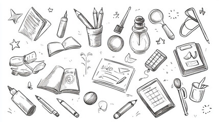 "Back to school doodle hand-drawn elements in a vector set. Features school supplies and creative items, isolated on a white checkered background resembling a school notebook.