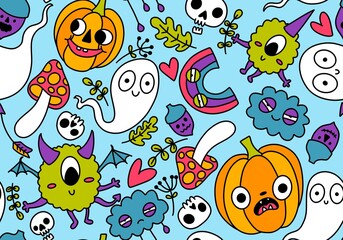 Halloween cute pumpkins seamless monsters pattern for wrapping paper and fabric
