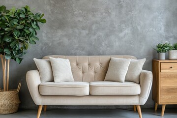 Elegant beige sofa with pillows against concrete wall. Comfortable lounge zone with modern interior.