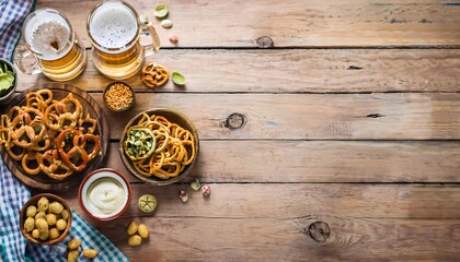 Beer Mugs and Snacks with Copy Space - top down view arrangement featuring beer mugs, pretzels, and small plates of snacks on a light wooden rustic background. Graphic artwork illustration