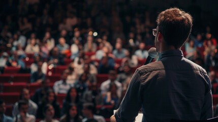 man giving a speech in a packed auditorium