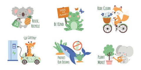 Cute eco Set of flat style with giraffe, koala, frog, fox, and whale, focusing on eco-friendly messages through their activities like recycling and tree planting. Isolated on white background.