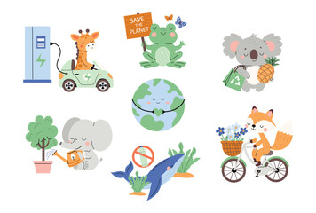 Eco-friendly set with cute animals and earth. Flat cartoon illustration featuring a giraffe, koala, fox, elephant, frog, and whale promoting sustainable living. Isolated on white background.