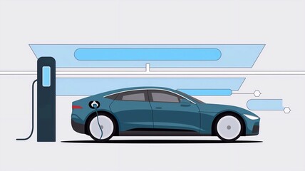 Naklejka premium Electric car at charging station. Vector illustration in minimalist style.