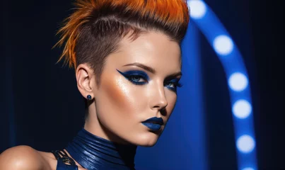 Fotobehang A woman with a short, spiky hairstyle and blue eyeshadow looks intensely at the camera © Miklos
