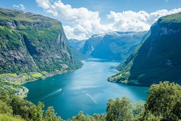 Majestic Norwegian Fjord Scenic Landscape With Lush Green Mountains And Crystal-Clear Blue Water