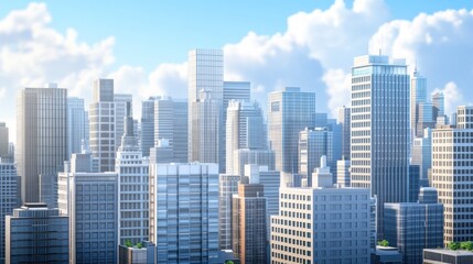 Modern Cityscape with Tall Glass and Concrete Buildings Against a Cloudy Sky