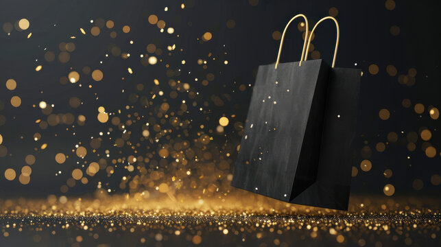 Perfect total black cardboard paper bag floating in the air. Gold shimmer around, dark background.