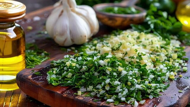 Freshly chopped herbs and garlic on rustic cutting board, ready to flavor dishes. Vibrant green and pungent, perfect for recipes