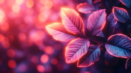 Fototapeta premium Vibrant Neon-Lit Leaves with Bokeh Background