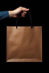 Hand holding blank brown shopping paper bag.