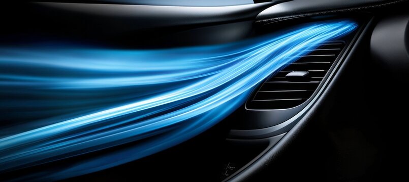 Close up air conditioning vent grille of luxury black car with cold blue air flow on dashboard - Powered by Adobe