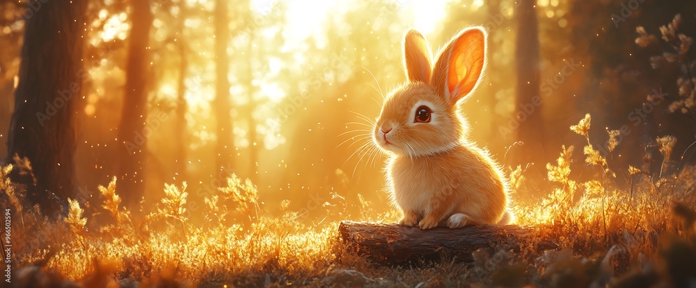 Wall mural adorable rabbit sitting on a log in a forest with golden light streaming through the trees.