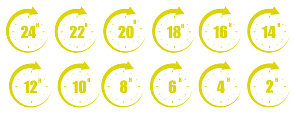set of yellow clock icons showing 2, 4, 6, 8, 10, 12, 14, 16, 18, 20, 22 and 24 hours.
