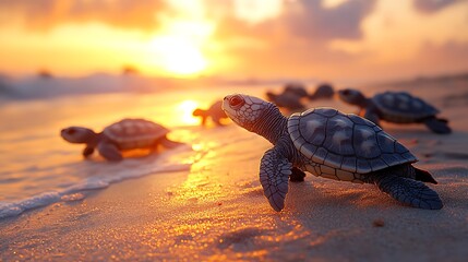 Baby sea turtles walk towards the ocean at sunrise.