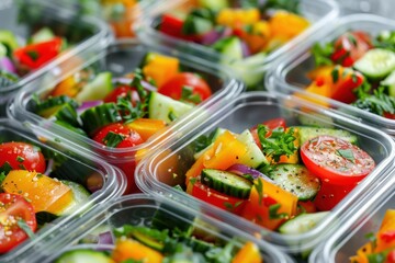 Obraz premium Fresh salad lunch boxes in plastic containers, top view of diet takeout options