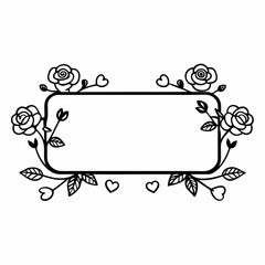 silhouette frame regtangle, low floral decoration around the silhouette, roses, hearts, vector