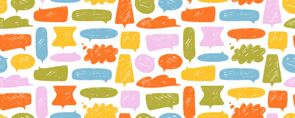 Seamless pattern with cute colored crayon speech bubbles in kid's style. Hand drawn doodle speech bubbles, comic talk balloons.