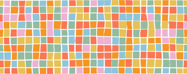 Colorful geometric plaid seamless pattern. Checked seamless banner design. Hand drawn grunge squares.