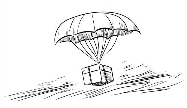 recommend clip art: An illustration of a parachute carrying box in a continuous one-line drawing. A modern illustration for an online shopping concept.