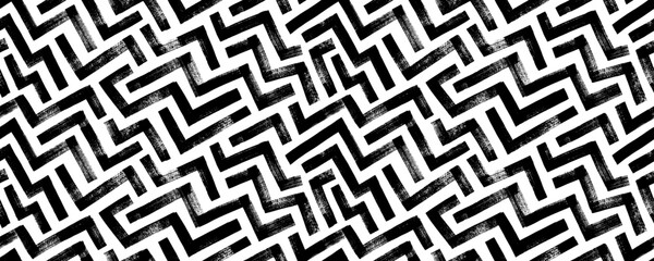 Geometric maze seamless banner design. Abstract geometric labyrinth seamless pattern with zigzag brush strokes. Irregular labyrinth ornament with rough smears. Tribal ethnic, african vector texture.