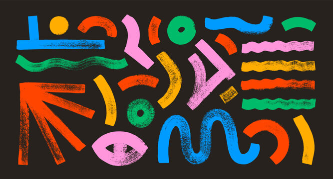 Naive playful abstract geometric shapes in grunge doodle style. Colorful brush drawn bold figures and thick wavy lines.
