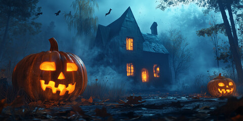 Halloween background with pumpkins and haunted house - 3D render. Halloween background with Evil Pumpkin. Spooky scary dark Night forrest. Holiday event halloween banner background concept