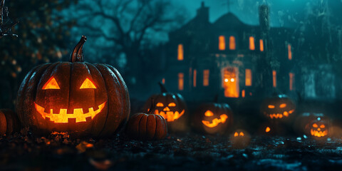 Halloween background with pumpkins and haunted house - 3D render. Halloween background with Evil Pumpkin. Spooky scary dark Night forrest. Holiday event halloween banner background concept