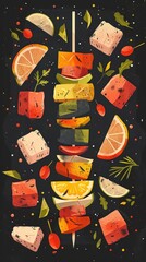 Vibrant and Colorful Assortment of Fresh Fruit and Vegetable Slices Artfully Arranged on a Dark Background with Geometric Shapes and Patterns