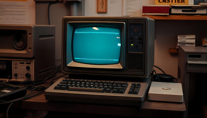 A retro computer from the 1980s, featuring a boxy, beige or light gray exterior.