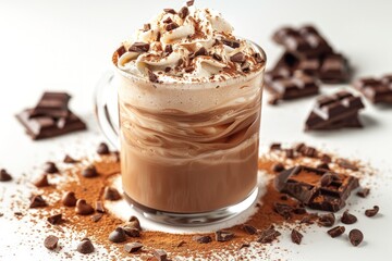 A glass of hot chocolate topped with whipped cream and chocolate shavings. The drink is surrounded by chocolate shavings and squares of chocolate.