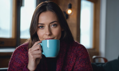 A woman in a red sweater enjoys a cup of coffee while looking at the camera