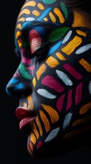 Fototapeta premium Vibrant face paint on woman, artistic expression. Creative body art concept