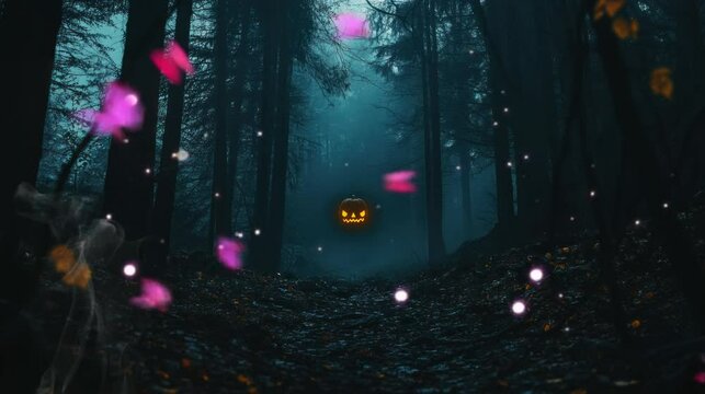 a beautiful combination of Halloween and butterflies in the forest at night. seamless looping time-lapse virtual 4k video Animation Background.