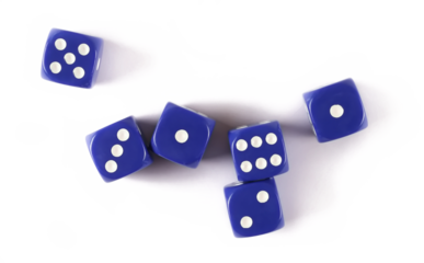 Blue gambling dice, macro isolated on white background, top view