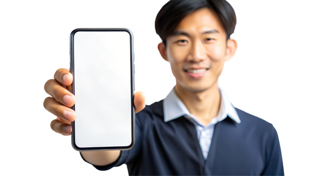 A confident man proudly showcases a blank smartphone screen, perfect for digital marketing, technology, and innovation themes.