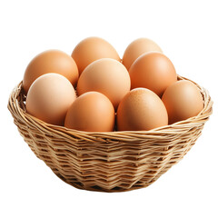 Fresh brown eggs in wicker basket isolated on transparent background Generative Ai.