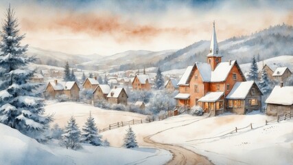 Rustic snowy mountain village with wooden huts, a church and snow-covered pine trees – Christmas card