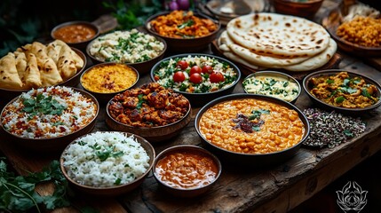 Feast of North Indian dishes including dal makhani butter chicken naan and raita on a festive table