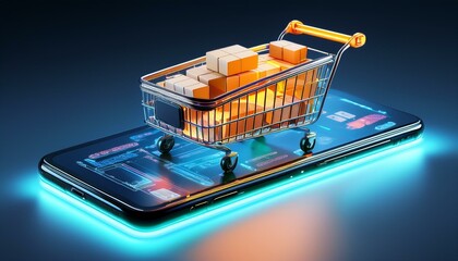 A futuristic digital art scene featuring a glowing shopping cart filled with product boxes, positioned on a smartphone screen. Generative AI