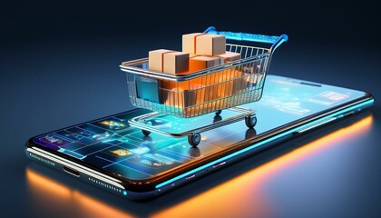A futuristic digital art scene featuring a glowing shopping cart filled with product boxes, positioned on a smartphone screen. Generative AI