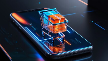 A futuristic digital art scene featuring a glowing shopping cart filled with product boxes, positioned on a smartphone screen. Generative AI