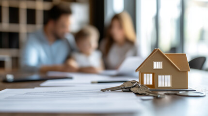 Real estate investment objects, like a model house, keys, and financial papers, are spread out on a table. The blurred background shows a happy family gazing at their future home b
