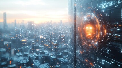 Futuristic Cityscape with Digital Interface Overlay Generative AI