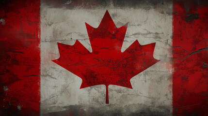 A distressed Canadian flag on a grunge textured background, its maple leaf design appearing weathered and worn, evoking a sense of national pride and history.